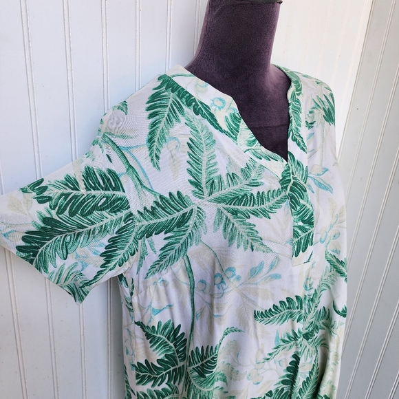 H&M White Green Viscose Short Sleeve Tropical Palm Leaf Tunic Dress Size S - Picture 3 of 11